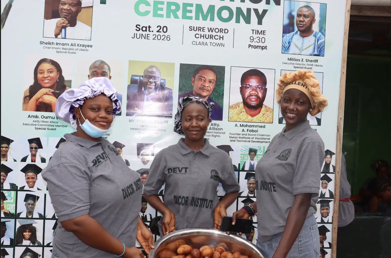 DEVT Pastry, Catering and Baking students holding a bowl of fried dough they prepared, at the institute's graduation ceremony
